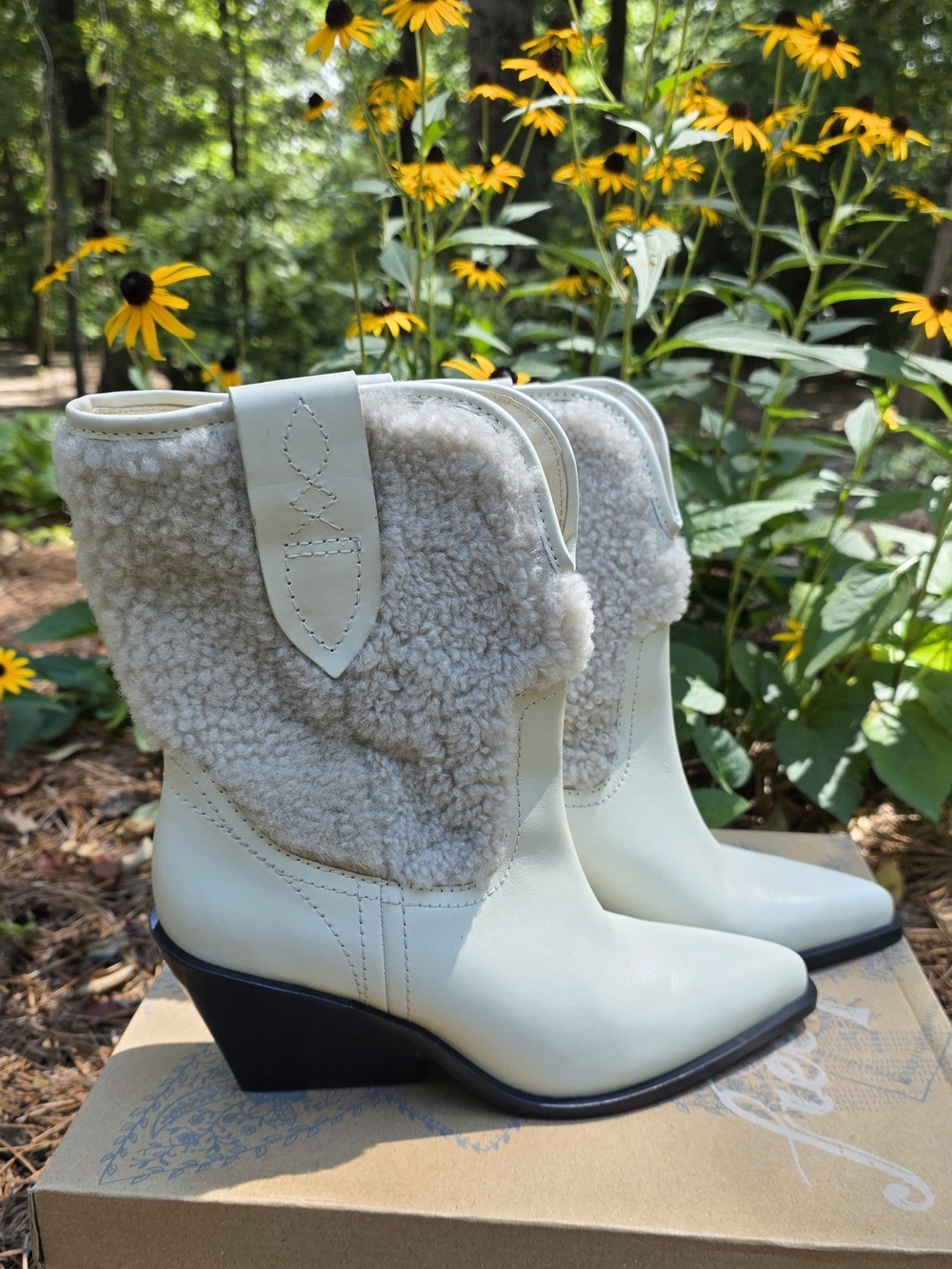 Free People Cream Shearling Western Heeled Boots